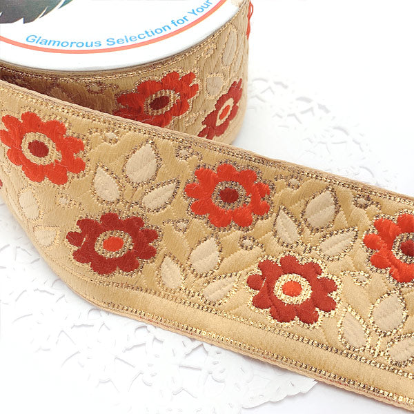 インド刺繍リボン58mm真っ赤なお花にベージュと金の刺繍リボン1m単位切り売り「在庫限り」