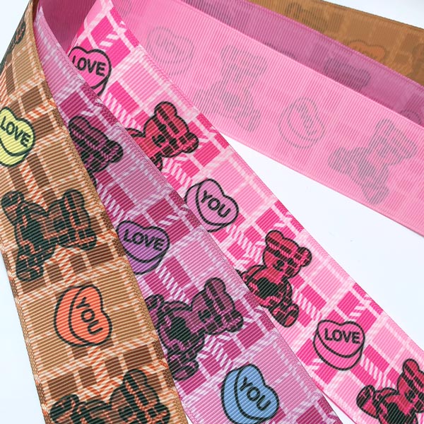 38mm両面プリントリボンチェックベアとLOVEYOUリボン2m「在庫限り」