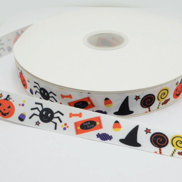 25mmプリントリボンハロウィンお菓子とクモとパンプキンの白いリボン2m「在庫限り」
