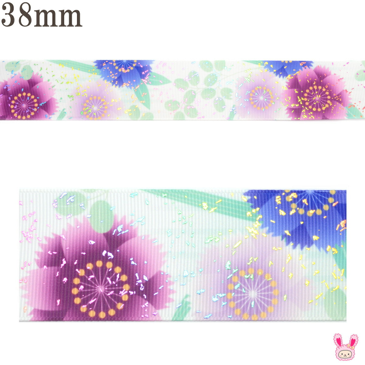 プリントリボン 箔押し爽やかな葉と上品な花柄リボン 幅38mm 1m単位