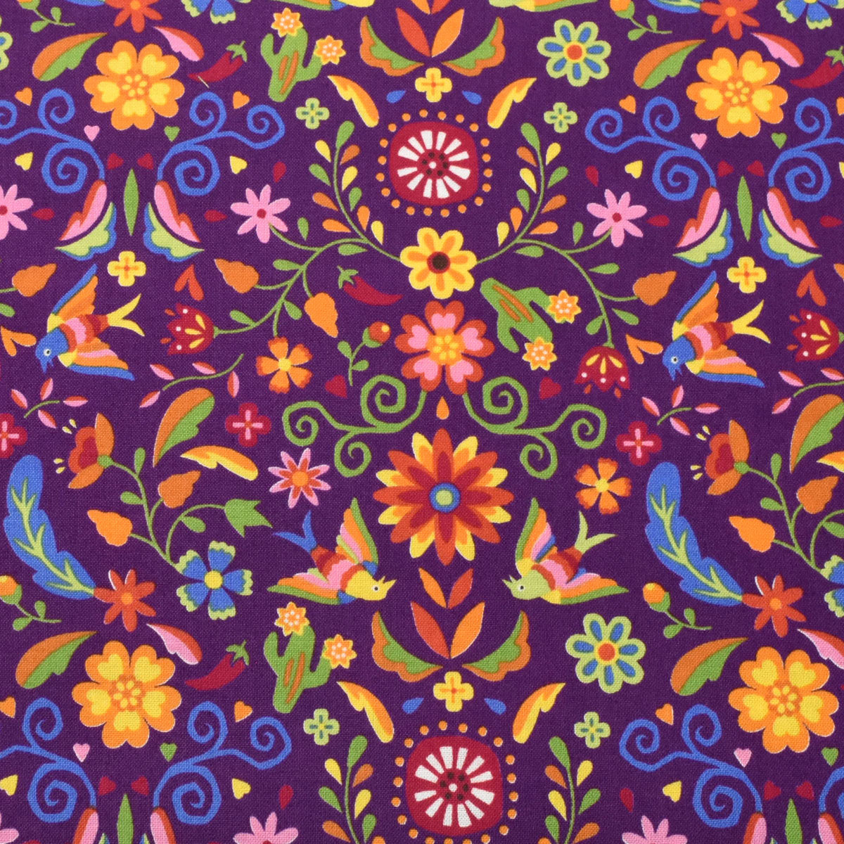 メキシコ刺繍風の鳥と植物 シーチング生地 NN2319-11 コスモ (30cm以上10cm単位切り売り)