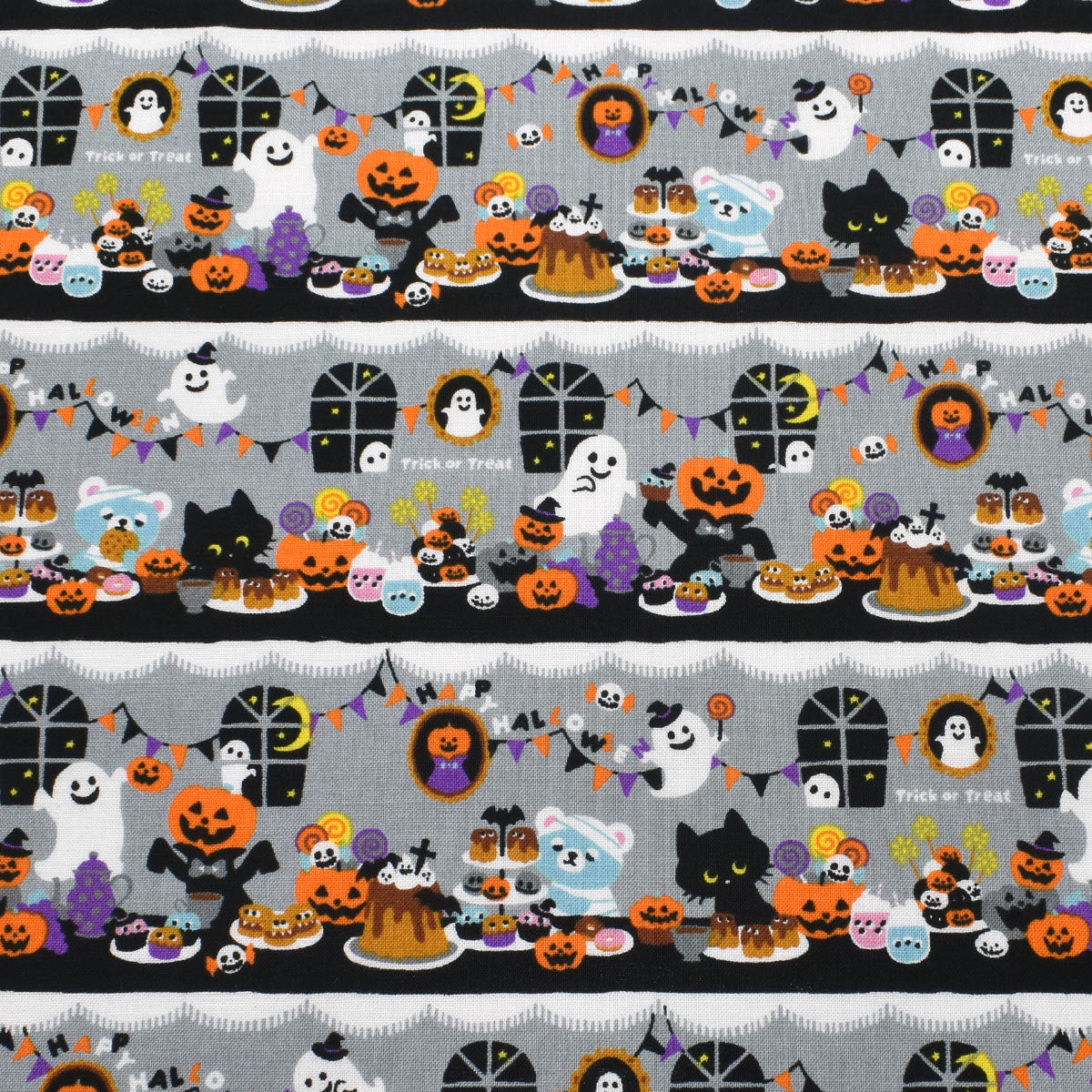 ハロウィンパーティのボーダー シーチング生地 AP45101-3 コスモ (30cm以上10cm単位切り売り)