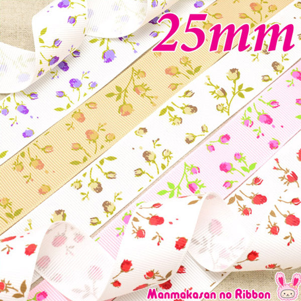 25mmプリントリボンちいさなバラのリボン2m「在庫限り」