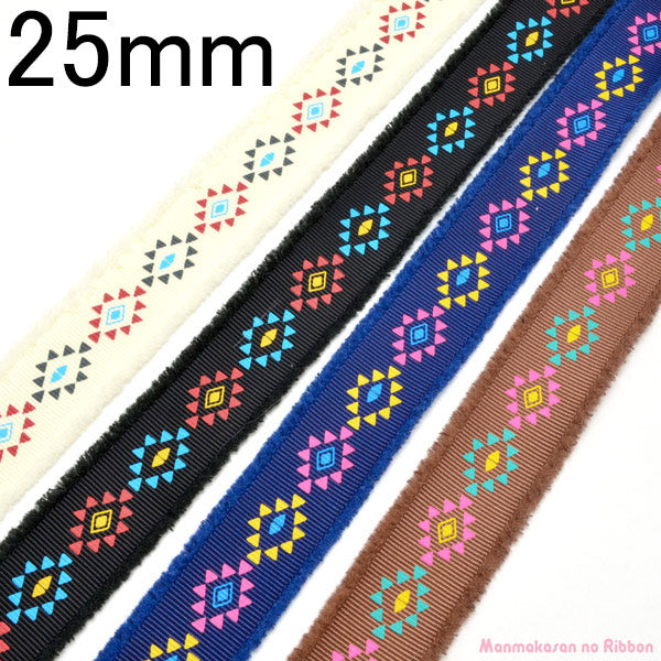 25mmプリントリボンフリンジグログランオルテガ柄リボン2m「在庫限り」