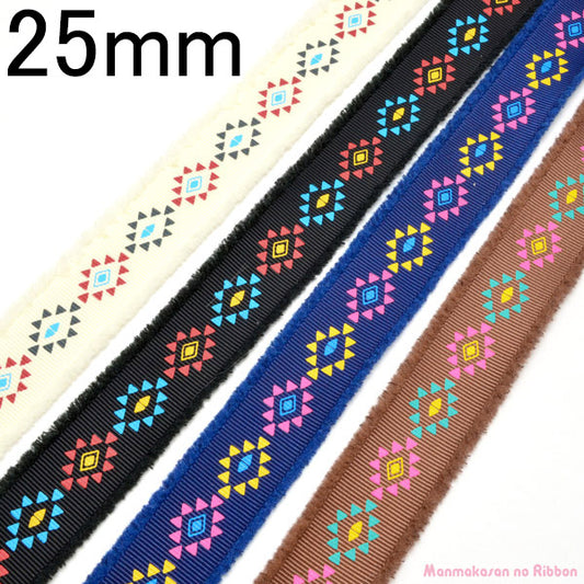 25mmプリントリボンフリンジグログランオルテガ柄リボン2m「在庫限り」