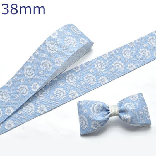 プリントリボンカントリーフラワーの水色リボン幅38mm1m単位切り売り(2m以上)