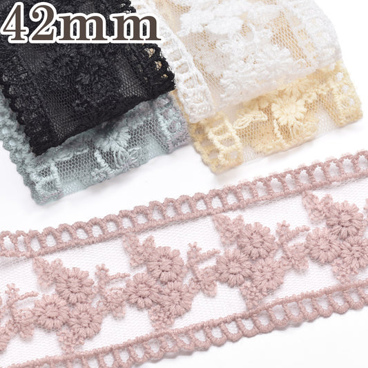 シースルーメッシュと花束の刺繍レースリボン幅42mm1m単位切り売り