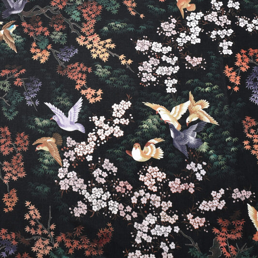 さらら紅葉と梅の花と鳥211013シーチング生地(30cm以上10cm単位切り売り)「在庫限り」