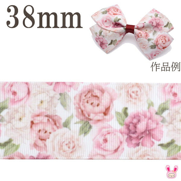 プリントリボン上品な薔薇の花柄リボン幅38mm1m単位切り売り(2m以上)