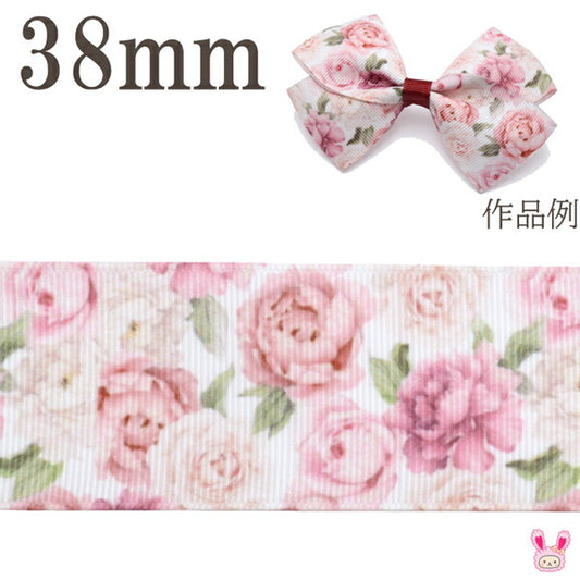 プリントリボン上品な薔薇の花柄リボン幅38mm1m単位切り売り(2m以上)