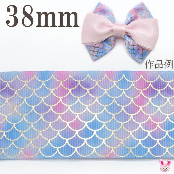 プリントリボンゴールド箔押しパープルうろこリボン幅38mm1m単位切り売り(2m以上)「在庫限り」