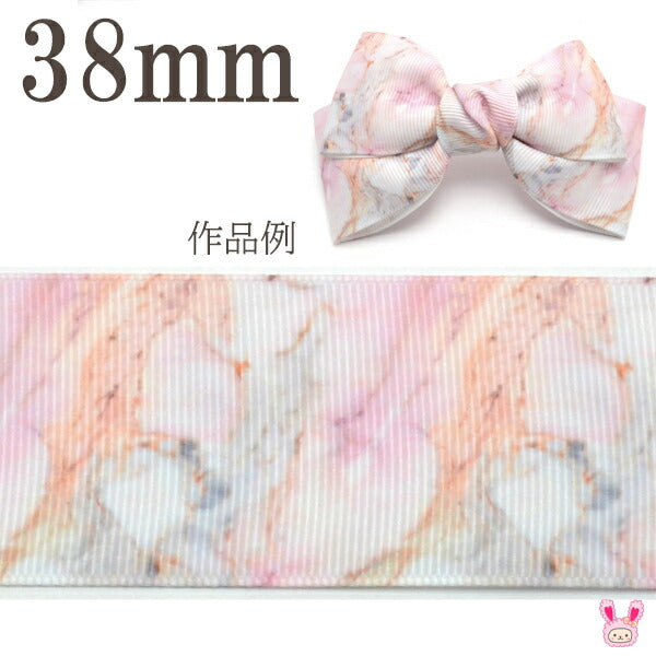 プリントリボンピンクグレーマーブル大理石柄リボン幅38mm1m単位切り売り(2m以上)