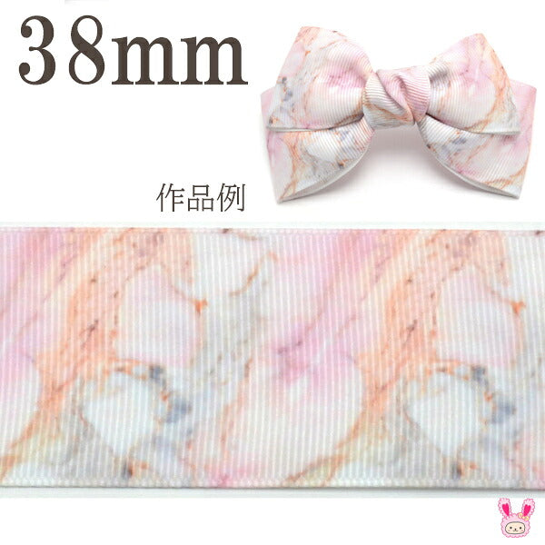 プリントリボンピンクグレーマーブル大理石柄リボン幅38mm1m単位切り売り(2m以上)★