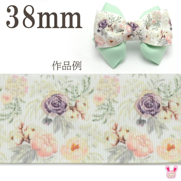 プリントリボン紫薔薇のアイスグリーンリボン幅38mm1m単位切り売り(2m以上)