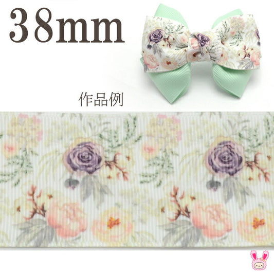 プリントリボン紫薔薇のアイスグリーンリボン幅38mm1m単位切り売り(2m以上)