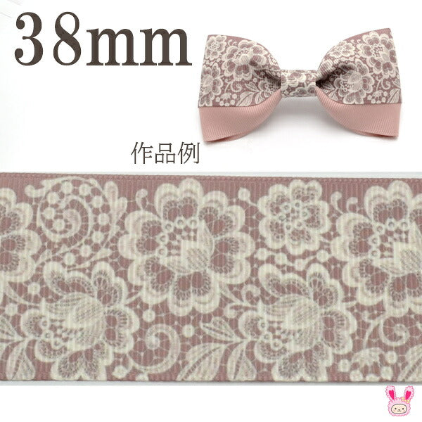 プリントリボンピンクベージュフラワーリボン幅38mm1m単位切り売り(2m以上)