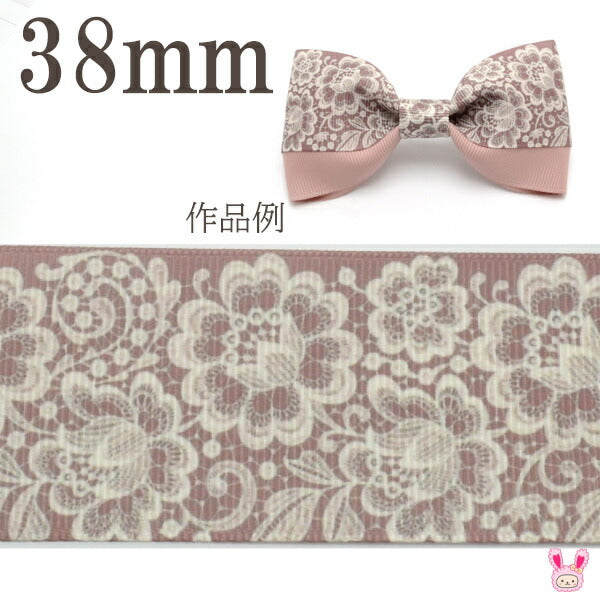 プリントリボンピンクベージュフラワーリボン幅38mm1m単位切り売り(2m以上)