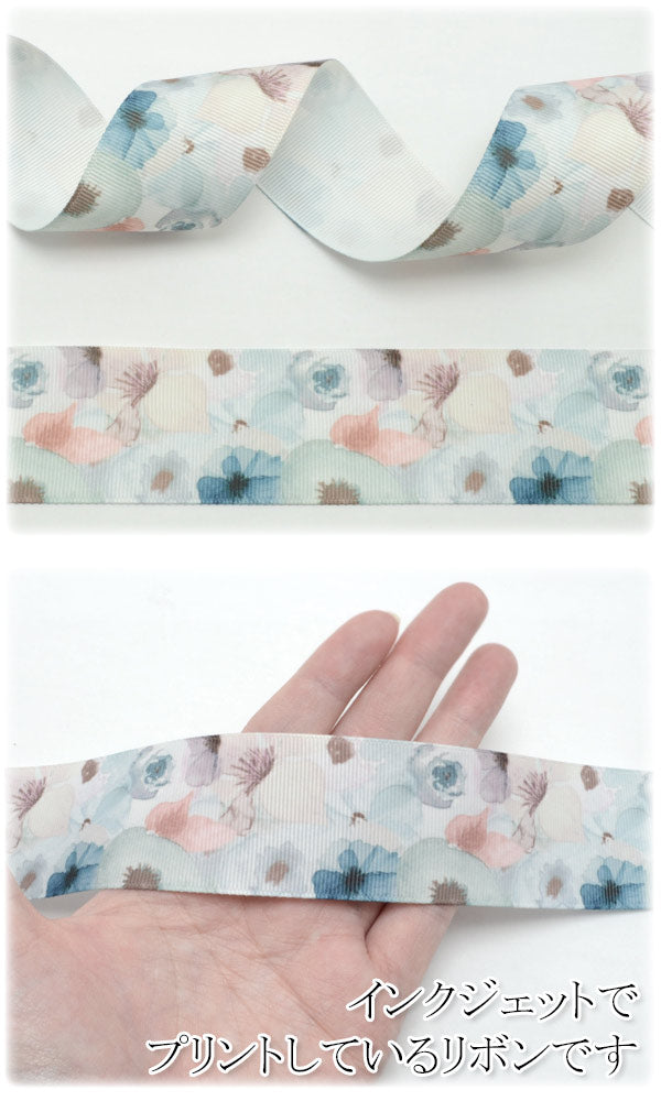 プリントリボン白と水色の淡彩フラワーリボン幅38mm1m単位切り売り(2m以上)