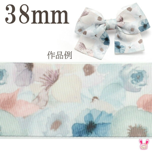 プリントリボン白と水色の淡彩フラワーリボン幅38mm1m単位切り売り(2m以上)