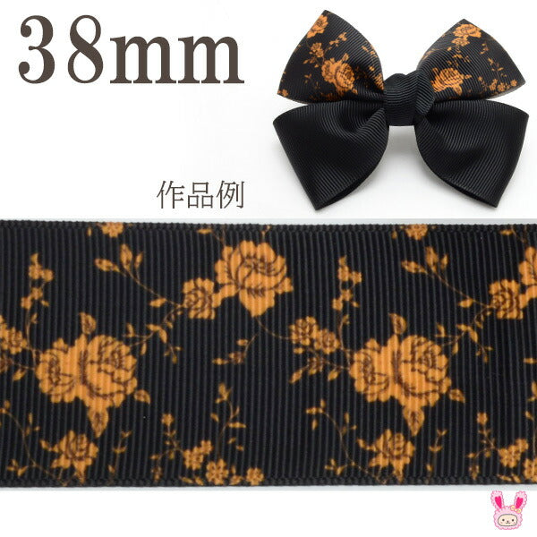プリントリボン金色の薔薇の黒リボン幅38mm1m単位切り売り(2m以上)