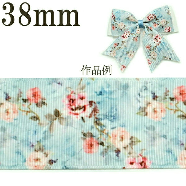 プリントリボン水色スイートローズリボン幅38mm1m単位切り売り(2m以上)