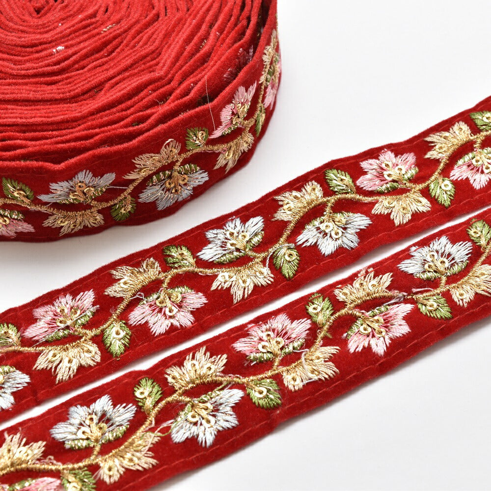 インド刺繍リボンベロア30mmベルベットのお花の刺繍リボンベロア10cm単位切り売り(30cm以上)「在庫限り」