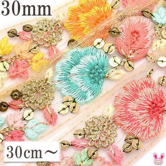 インド刺繍リボン30mmパッションリーフのスパンコールメッシュ刺繍リボン10cm単位切り売り(30cm以上)「在庫限り」