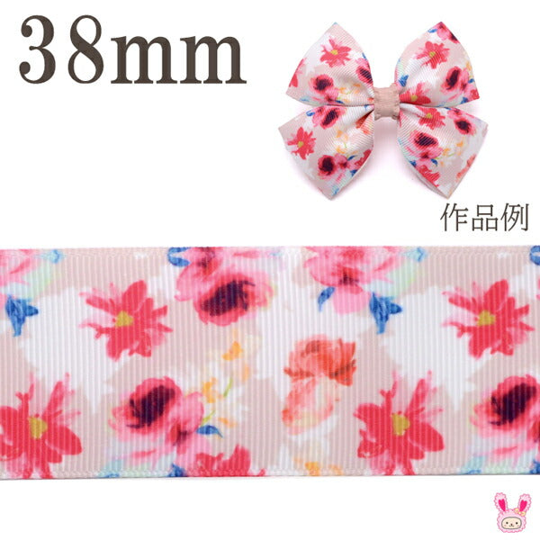 38mmプリントリボンマゼンタカラーの花柄リボン2m「在庫限り」