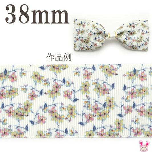38mmプリントリボンレトロチックなグリーンブルー花柄リボン2m「在庫限り」