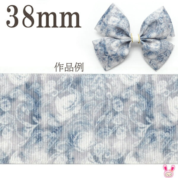 プリントリボンブルーグレーのモダンフラワーリボン幅38mm1m単位切り売り(2m以上)