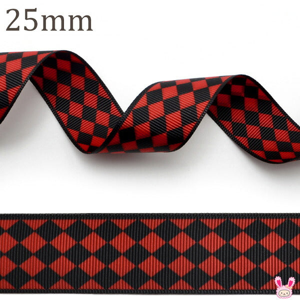 B品両面プリントリボンダイヤチェック柄リボン幅25mm1m単位切り売り(2m以上)