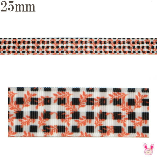25mmプリントリボン白黒チェックと赤いリーフ柄リボン2m「在庫限り」