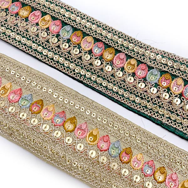 インド刺繍リボンスパンコール付チューリップ型ライン刺繍リボン幅55mm10cm単位切り売り(20cm以上)「在庫限り」