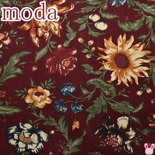 Modaシャビーシックなフラワー13ワイン系10cm単位切り売りモダ9700シーチング生地(18)「在庫限り」