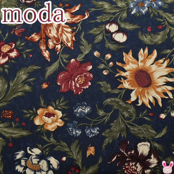 Modaシャビーシックなフラワー14ネイビー系10cm単位切り売りモダ9700シーチング生地(99)「在庫限り」