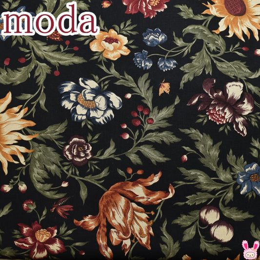 Modaシャビーシックなフラワー19ブラック系10cm単位切り売りモダ9700シーチング生地(402)「在庫限り」
