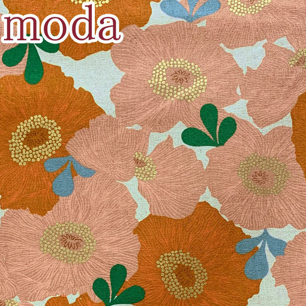 メタリック加工の大きな花柄11オレンジ系10cm単位切り売りModaCamelliaRS-0035綿麻キャンバス生地(236)「在庫限り」