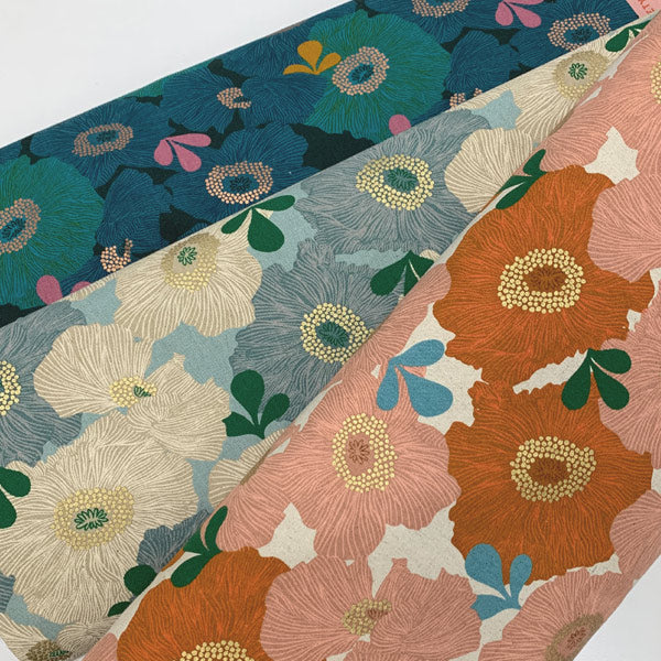 メタリック加工の大きな花柄11オレンジ系10cm単位切り売りModaCamelliaRS-0035綿麻キャンバス生地(236)「在庫限り」