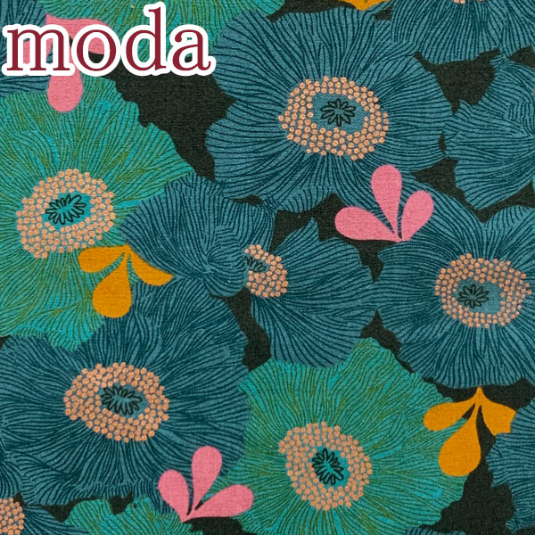 メタリック加工の大きな花柄15グリーン系(20cm以上10cm単位切り売り)ModaCamelliaRS-0035綿麻キャンバス生地(68)「在庫限り」