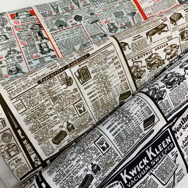 ヴィンテージ広告Bブラウン系10cm単位切り売りさらら511276シーチング生地(270)「在庫限り」
