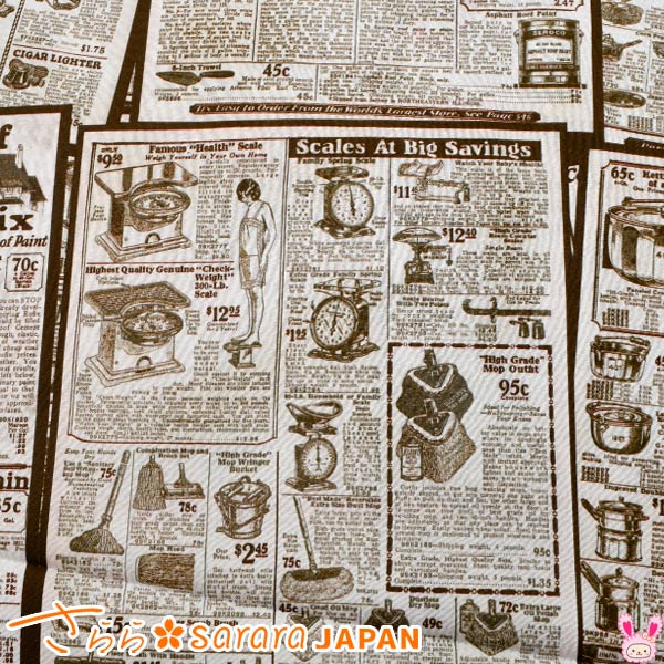 ヴィンテージ広告Bブラウン系10cm単位切り売りさらら511276シーチング生地(270)「在庫限り」