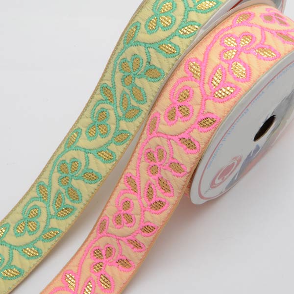 インド刺繍リボン鮮やか縁取りの金色リーフ刺繍リボン幅32mm1m単位切り売り「在庫限り」