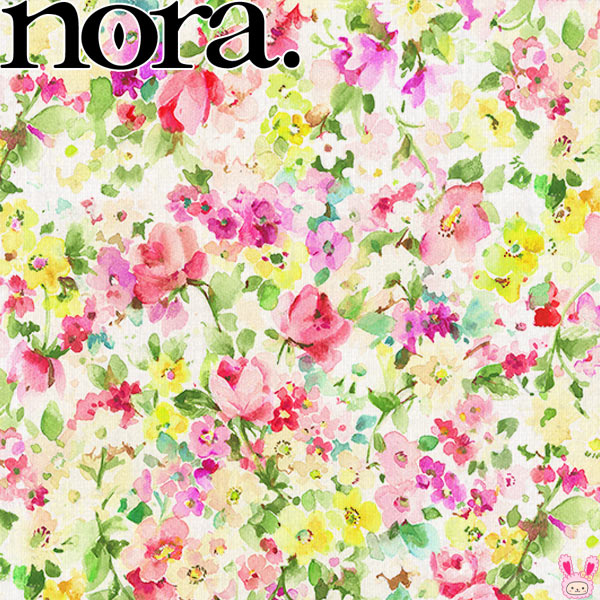 花柄の水彩ボタニカルBピンク×ブルー×パープル系シーチング生地10cm単位切り売りFR1016-BノラNORA.（403）「在庫限り」