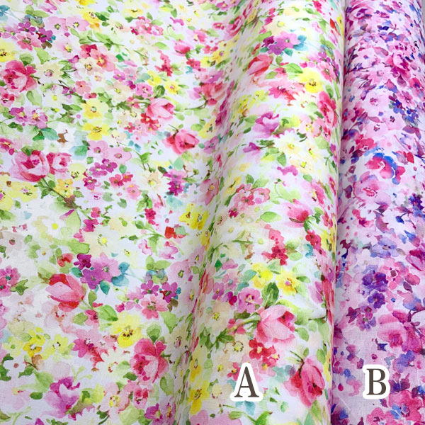 花柄の水彩ボタニカルBピンク×ブルー×パープル系シーチング生地10cm単位切り売りFR1016-BノラNORA.（403）「在庫限り」
