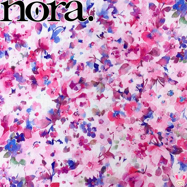 花柄の水彩ボタニカルBピンク×ブルー×パープル系シーチング生地10cm単位切り売りFR1016-BノラNORA.（403）「在庫限り」