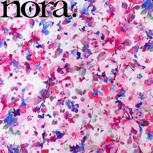 花柄の水彩ボタニカルBピンク×ブルー×パープル系シーチング生地10cm単位切り売りFR1016-BノラNORA.（403）「在庫限り」
