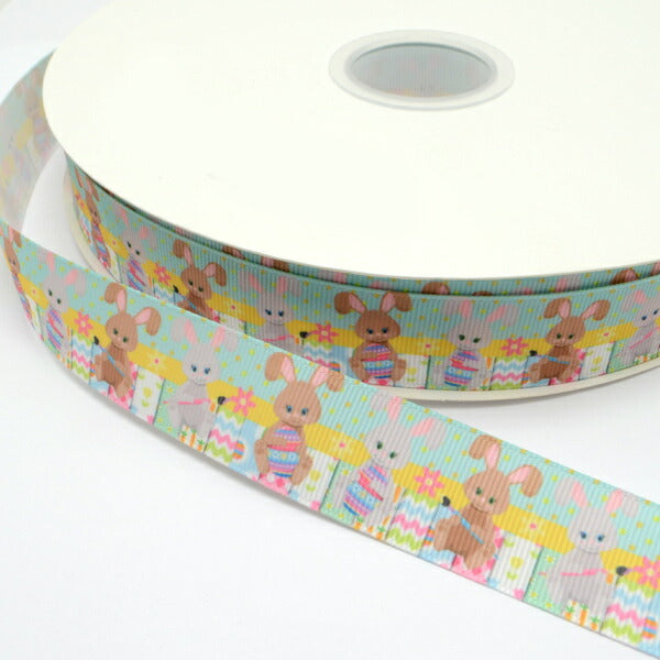 25mmプリントリボンうさぎのわくわくイースターパーティリボン2m「在庫限り」
