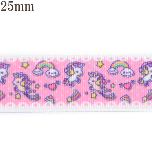 25mmプリントリボンピンクとレースのミニミニ虹ユニコーンリボン2m「在庫限り」