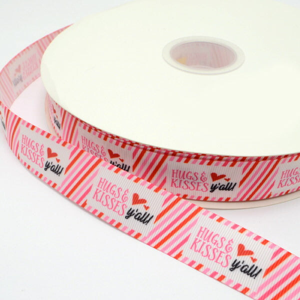25mmプリントリボン斜めピンクストライプにラブメッセージリボン2m「在庫限り」
