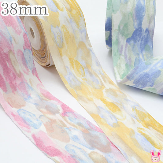 タイダイまだらの水彩風模様ファブリックリボン幅38mm1m単位切り売り(2m以上)★